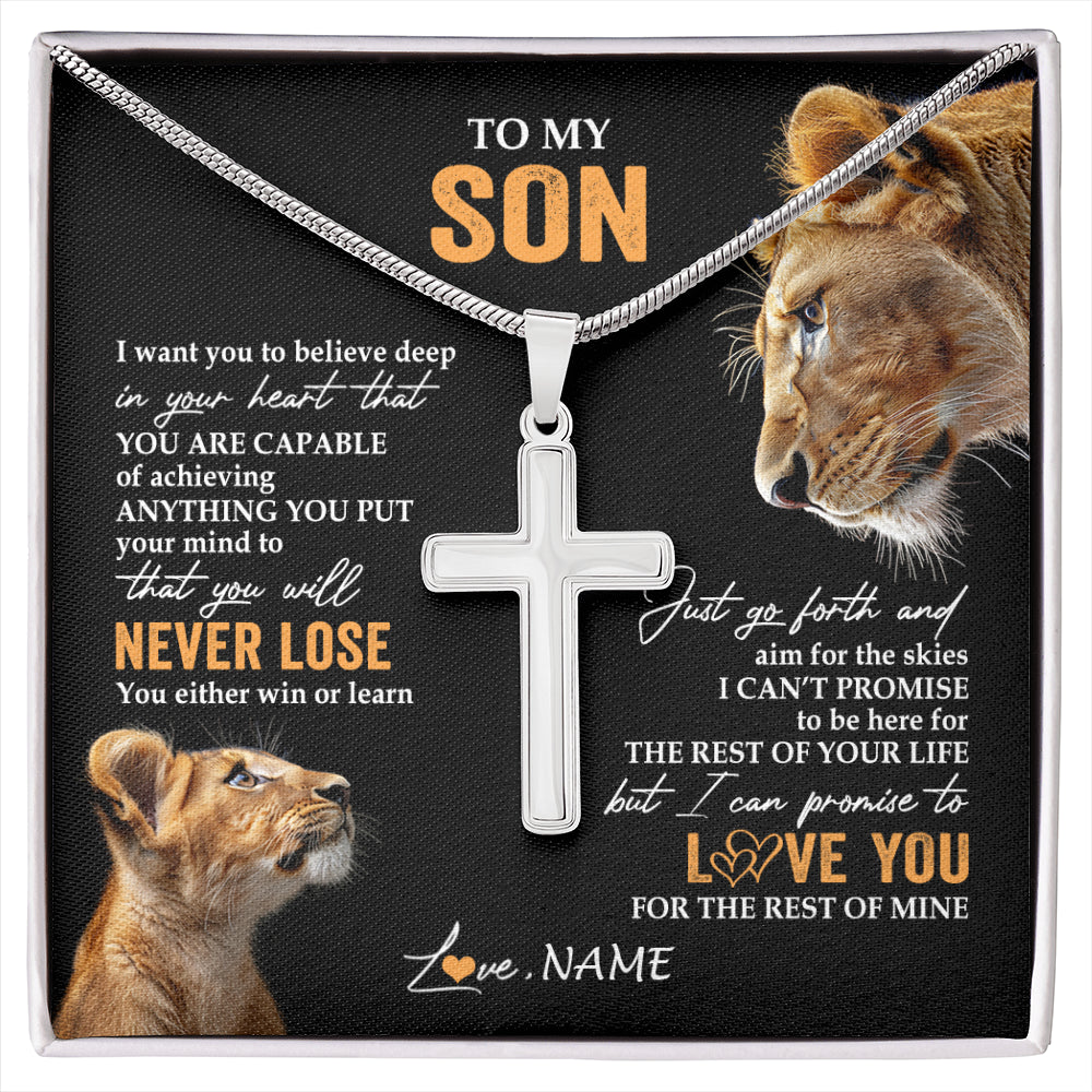 Stainless Cross Necklace Stainless Steel | 1 | Personalized To My Son Necklace From Mom Mother You Will Never Lose Lion Son Birthday Gifts Graduation Christmas Customized Gift Box Message Card | siriusteestore