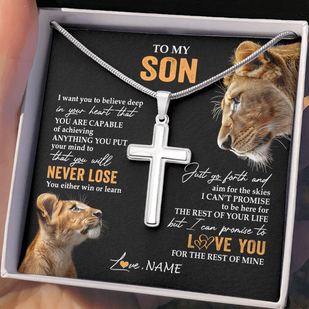 Stainless Cross Necklace Stainless Steel | 2 | Personalized To My Son Necklace From Mom Mother You Will Never Lose Lion Son Birthday Gifts Graduation Christmas Customized Gift Box Message Card | siriusteestore