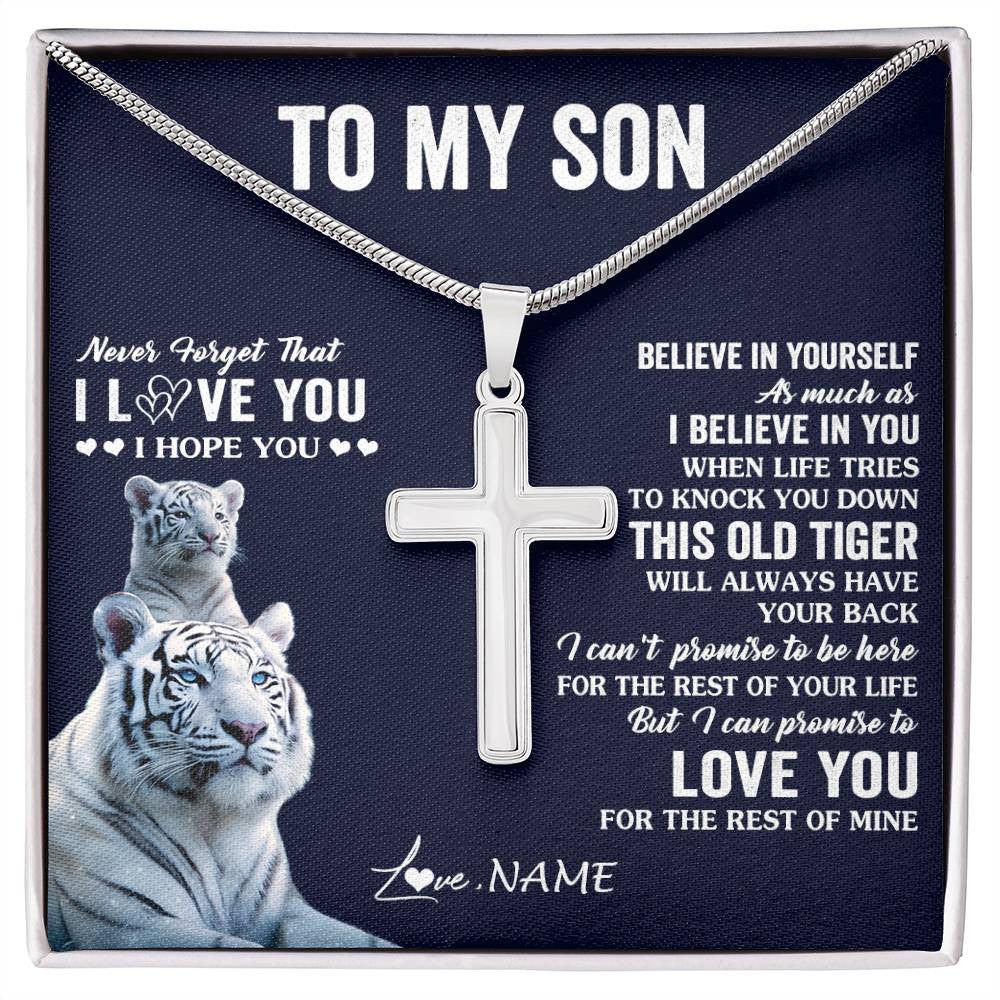 Stainless Cross Necklace Stainless Steel | 1 | Personalized To My Son Necklace Gift From Mom Dad Mother This Old Tiger Love You Son Birthday Graduation Christmas Custom Customized Gift Box Message Card | siriusteestore