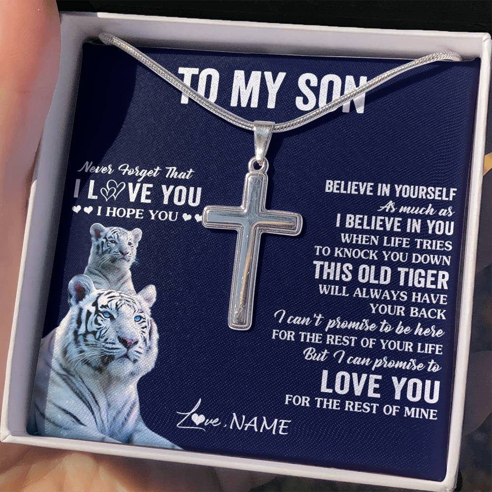 Stainless Cross Necklace Stainless Steel | 2 | Personalized To My Son Necklace Gift From Mom Dad Mother This Old Tiger Love You Son Birthday Graduation Christmas Custom Customized Gift Box Message Card | siriusteestore