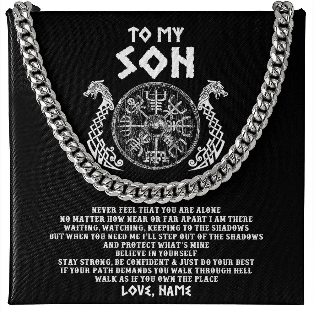 Cuban Link Chain Necklace Stainless Steel | 1 | Personalized To My Son Necklace Viking Never Feel You Are Alone Odin Scandinavian Norse Runes End Son Birthday Christmas Customized Gift Box Message Card | siriusteestore