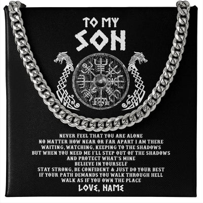 Cuban Link Chain Necklace Stainless Steel | 1 | Personalized To My Son Necklace Viking Never Feel You Are Alone Odin Scandinavian Norse Runes End Son Birthday Christmas Customized Gift Box Message Card | siriusteestore