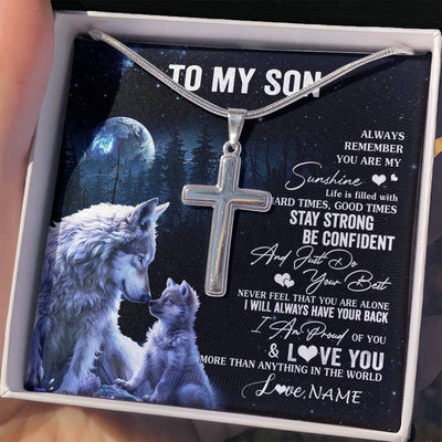 Stainless Cross Necklace Stainless Steel | 2 | Personalized To My Son Wolf Necklace From Mom Dad Mother Father Always Remember Son Birthday Graduation Christmas Customized Gift Box Message Card | siriusteestore