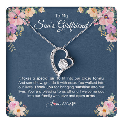 Forever Love Necklace 14K White Gold Finish | 1 | Personalized To My Son's Girlfriend Necklace From Mom It Takes A Special Girlfriend Birthday Wedding Valentines Day Christmas Customized Gift Box Message Card | siriusteestore