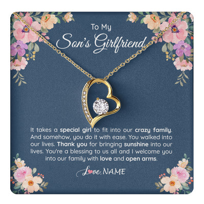 Forever Love Necklace 18K Yellow Gold Finish | 1 | Personalized To My Son's Girlfriend Necklace From Mom It Takes A Special Girlfriend Birthday Wedding Valentines Day Christmas Customized Gift Box Message Card | siriusteestore