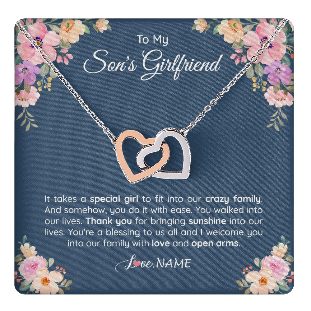 Interlocking Hearts Necklace Stainless Steel & Rose Gold Finish | 1 | Personalized To My Son's Girlfriend Necklace From Mom It Takes A Special Girlfriend Birthday Wedding Valentines Day Christmas Customized Gift Box Message Card | siriusteestore