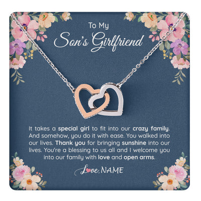 Interlocking Hearts Necklace Stainless Steel & Rose Gold Finish | 1 | Personalized To My Son's Girlfriend Necklace From Mom It Takes A Special Girlfriend Birthday Wedding Valentines Day Christmas Customized Gift Box Message Card | siriusteestore