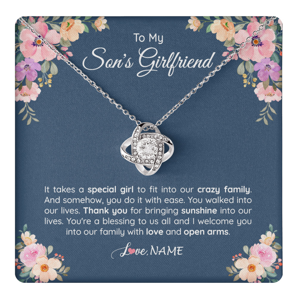 Love Knot Necklace 14K White Gold Finish | 1 | Personalized To My Son's Girlfriend Necklace From Mom It Takes A Special Girlfriend Birthday Wedding Valentines Day Christmas Customized Gift Box Message Card | siriusteestore