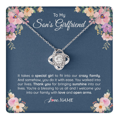 Love Knot Necklace 14K White Gold Finish | 1 | Personalized To My Son's Girlfriend Necklace From Mom It Takes A Special Girlfriend Birthday Wedding Valentines Day Christmas Customized Gift Box Message Card | siriusteestore