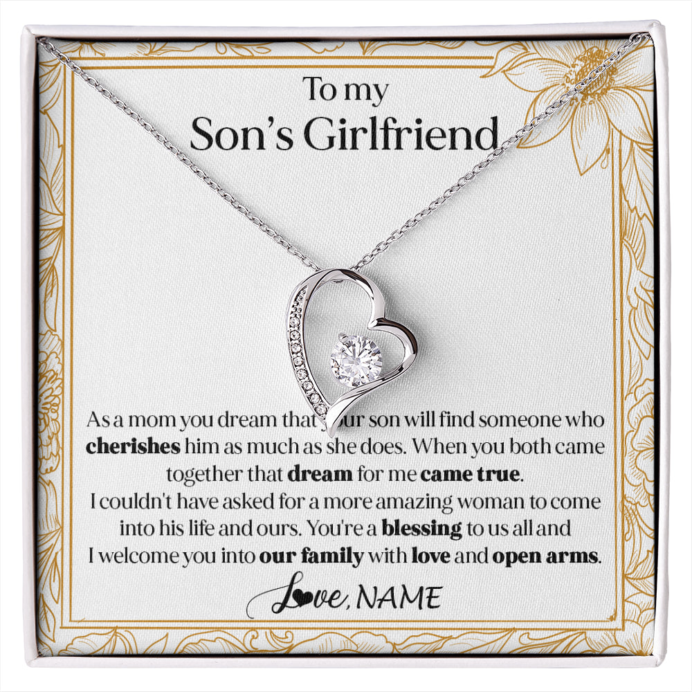 Forever Love Necklace 14K White Gold Finish | 1 | Personalized To My Son's Girlfriend Necklace I Welcome You Future Daughter In Law Birthday Special Gift Christmas Jewelry Customized Gift Box Message Card | siriusteestore