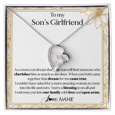 Forever Love Necklace 14K White Gold Finish | 1 | Personalized To My Son's Girlfriend Necklace I Welcome You Future Daughter In Law Birthday Special Gift Christmas Jewelry Customized Gift Box Message Card | siriusteestore