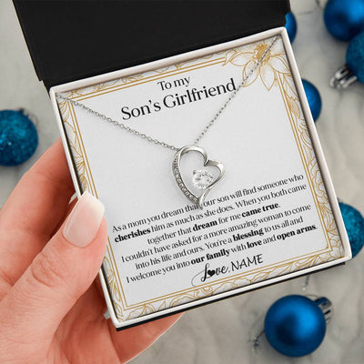 Forever Love Necklace 14K White Gold Finish | 2 | Personalized To My Son's Girlfriend Necklace I Welcome You Future Daughter In Law Birthday Special Gift Christmas Jewelry Customized Gift Box Message Card | siriusteestore