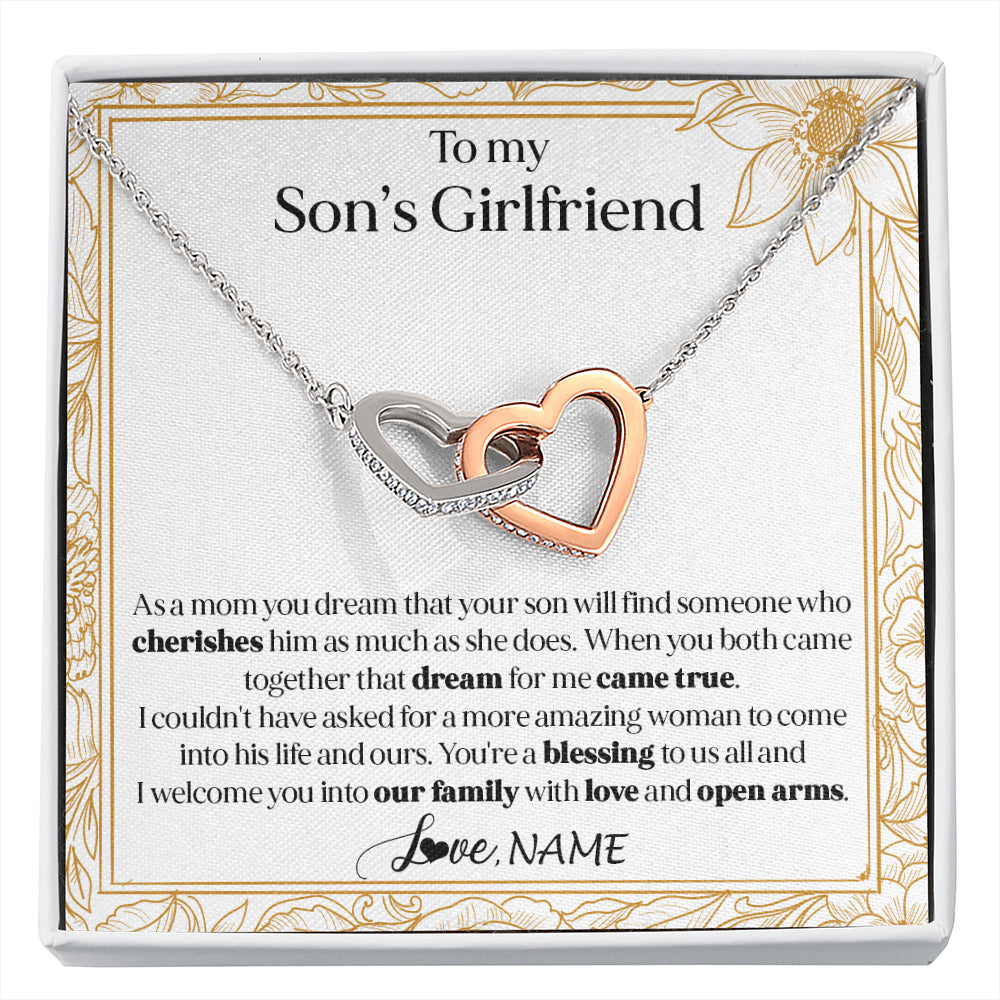 Interlocking Hearts Necklace Stainless Steel & Rose Gold Finish | 1 | Personalized To My Son's Girlfriend Necklace I Welcome You Future Daughter In Law Birthday Special Gift Christmas Jewelry Customized Gift Box Message Card | siriusteestore