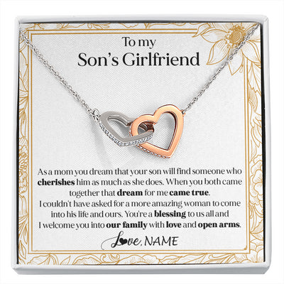 Interlocking Hearts Necklace Stainless Steel & Rose Gold Finish | 1 | Personalized To My Son's Girlfriend Necklace I Welcome You Future Daughter In Law Birthday Special Gift Christmas Jewelry Customized Gift Box Message Card | siriusteestore