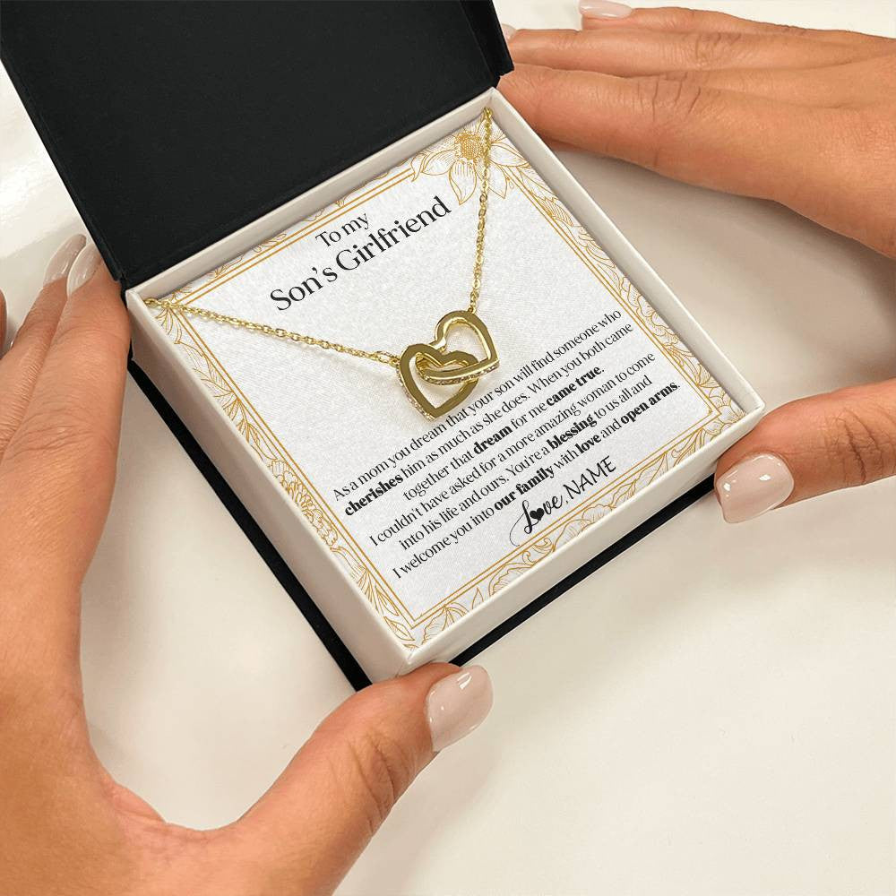 Interlocking Hearts Necklace 18K Yellow Gold Finish | 2 | Personalized To My Son's Girlfriend Necklace I Welcome You Future Daughter In Law Birthday Special Gift Christmas Jewelry Customized Gift Box Message Card | siriusteestore