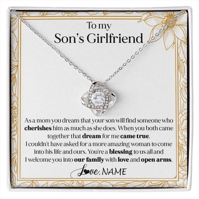 Love Knot Necklace 14K White Gold Finish | 1 | Personalized To My Son's Girlfriend Necklace I Welcome You Future Daughter In Law Birthday Special Gift Christmas Jewelry Customized Gift Box Message Card | siriusteestore