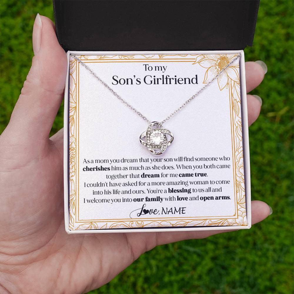 Love Knot Necklace 14K White Gold Finish | 2 | Personalized To My Son's Girlfriend Necklace I Welcome You Future Daughter In Law Birthday Special Gift Christmas Jewelry Customized Gift Box Message Card | siriusteestore