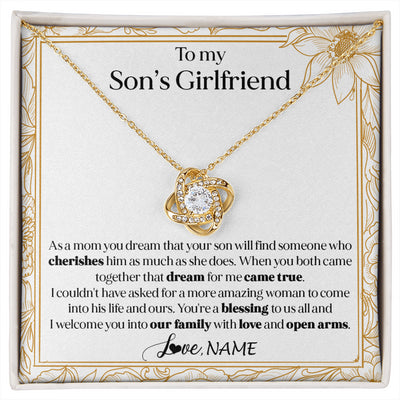 Love Knot Necklace 18K Yellow Gold Finish | 1 | Personalized To My Son's Girlfriend Necklace I Welcome You Future Daughter In Law Birthday Special Gift Christmas Jewelry Customized Gift Box Message Card | siriusteestore