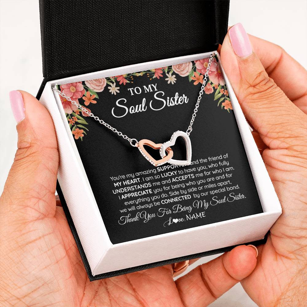 Interlocking Hearts Necklace Stainless Steel & Rose Gold Finish | 2 | Personalized To My Soul Sister Gift Necklace Best Friend Unique Friendship Long Distance Unbiological Sister Birthday Jewelry Christmas Customized Message Card | siriusteestore