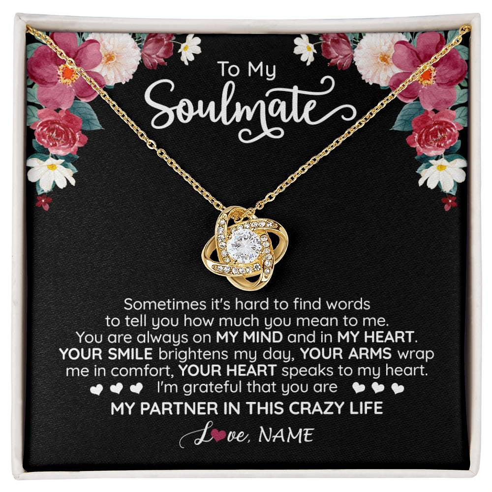 Love Knot Necklace 18K Yellow Gold Finish | 1 | Personalized To My Soulmate Necklace From Husband You Are My Partner Wife Birthday Anniversary Valentines Day Christmas Customized Gift Box Message Card | siriusteestore