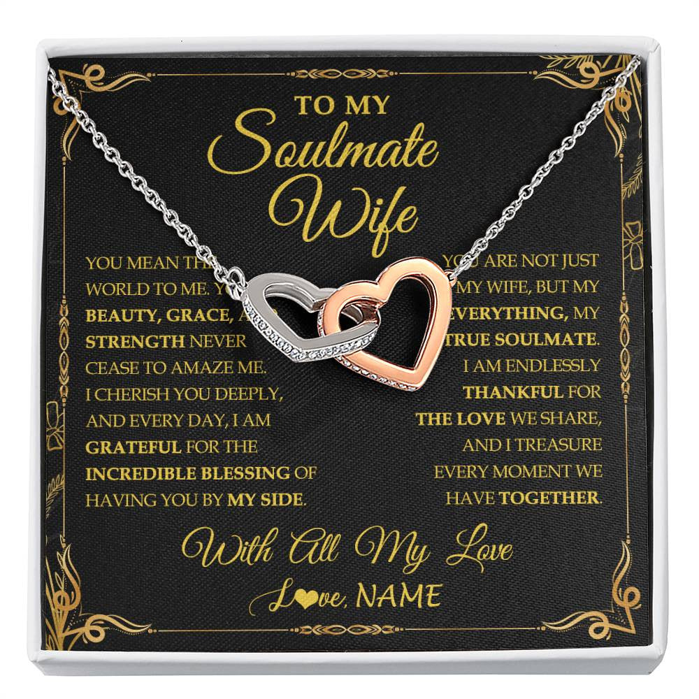 Interlocking Hearts Necklace Stainless Steel & Rose Gold Finish | 1 | Personalized To My Soulmate Wife Necklace My Heart Wife Jewelry Romantic Birthday Gifst Anniversary Wedding Day Christmas Customized Gift Box Message Card | siriusteestore