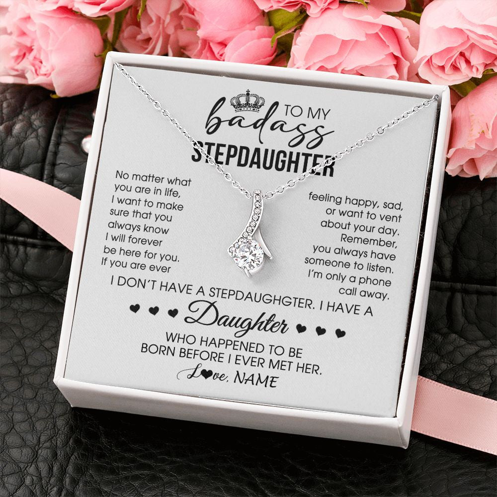 Alluring Beauty Necklace | Personalized To My Stepdaughter Necklace From Stepfather Stepdad Be Here For You Bonus Daughter Birthday Graduation Christmas Customized Gift Box Message Card | siriusteestore