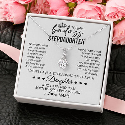 Alluring Beauty Necklace | Personalized To My Stepdaughter Necklace From Stepfather Stepdad Be Here For You Bonus Daughter Birthday Graduation Christmas Customized Gift Box Message Card | siriusteestore