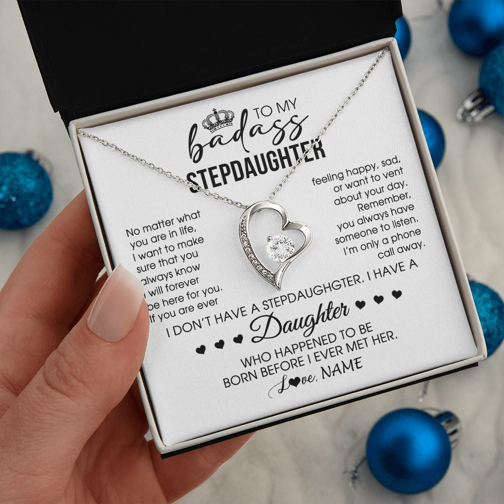 Forever Love Necklace | Personalized To My Stepdaughter Necklace From Stepfather Stepdad Be Here For You Bonus Daughter Birthday Graduation Christmas Customized Gift Box Message Card | siriusteestore