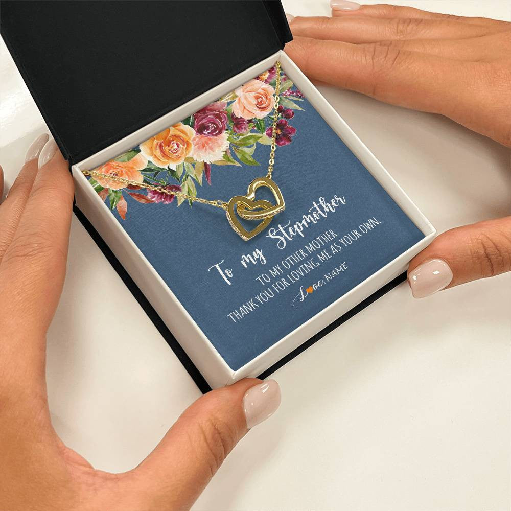 Interlocking Hearts Necklace 18K Yellow Gold Finish | Personalized To My Stepmother Necklace Thank You For Loveing Me As Your Own Bonus Mom Stepmom Birthday Mothers Day Christmas Customized Gift Box Message Card | siriusteestore