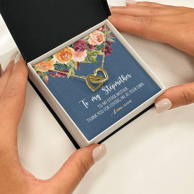 Interlocking Hearts Necklace 18K Yellow Gold Finish | Personalized To My Stepmother Necklace Thank You For Loveing Me As Your Own Bonus Mom Stepmom Birthday Mothers Day Christmas Customized Gift Box Message Card | siriusteestore