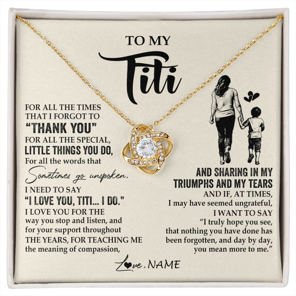 Love Knot Necklace 18K Yellow Gold Finish | 1 | Personalized To My Titi Necklace From Nephew For All The Times That I Forgot To Thank You Titi Birthday Mothers Day Christmas Customized Gift Box Message Card | siriusteestore