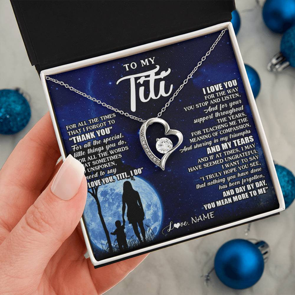 Forever Love Necklace 14K White Gold Finish | 2 | Personalized To My Titi Necklace From Nephew Niece Thank You Grateful Love Titi Birthday Gifts Mothers Day Jewelry Christmas Customized Gift Box Message Card | siriusteestore