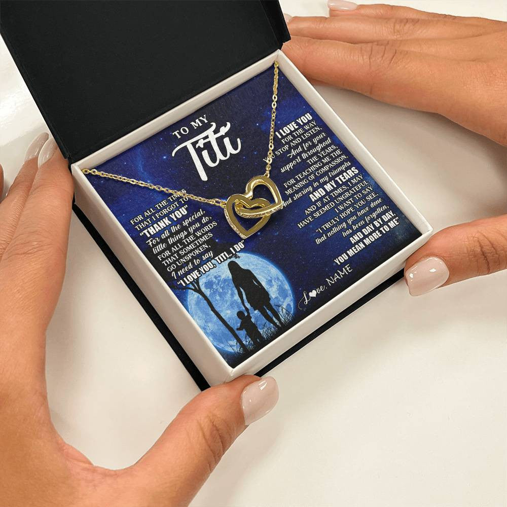 Interlocking Hearts Necklace 18K Yellow Gold Finish | 2 | Personalized To My Titi Necklace From Nephew Niece Thank You Grateful Love Titi Birthday Gifts Mothers Day Jewelry Christmas Customized Gift Box Message Card | siriusteestore