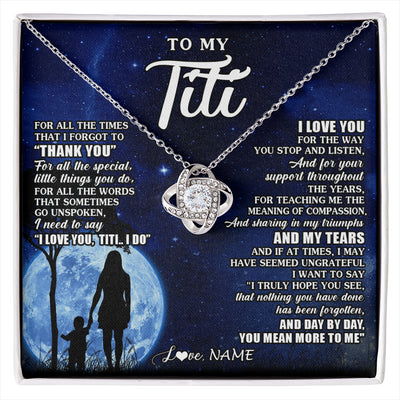 Love Knot Necklace 14K White Gold Finish | 1 | Personalized To My Titi Necklace From Nephew Niece Thank You Grateful Love Titi Birthday Gifts Mothers Day Jewelry Christmas Customized Gift Box Message Card | siriusteestore
