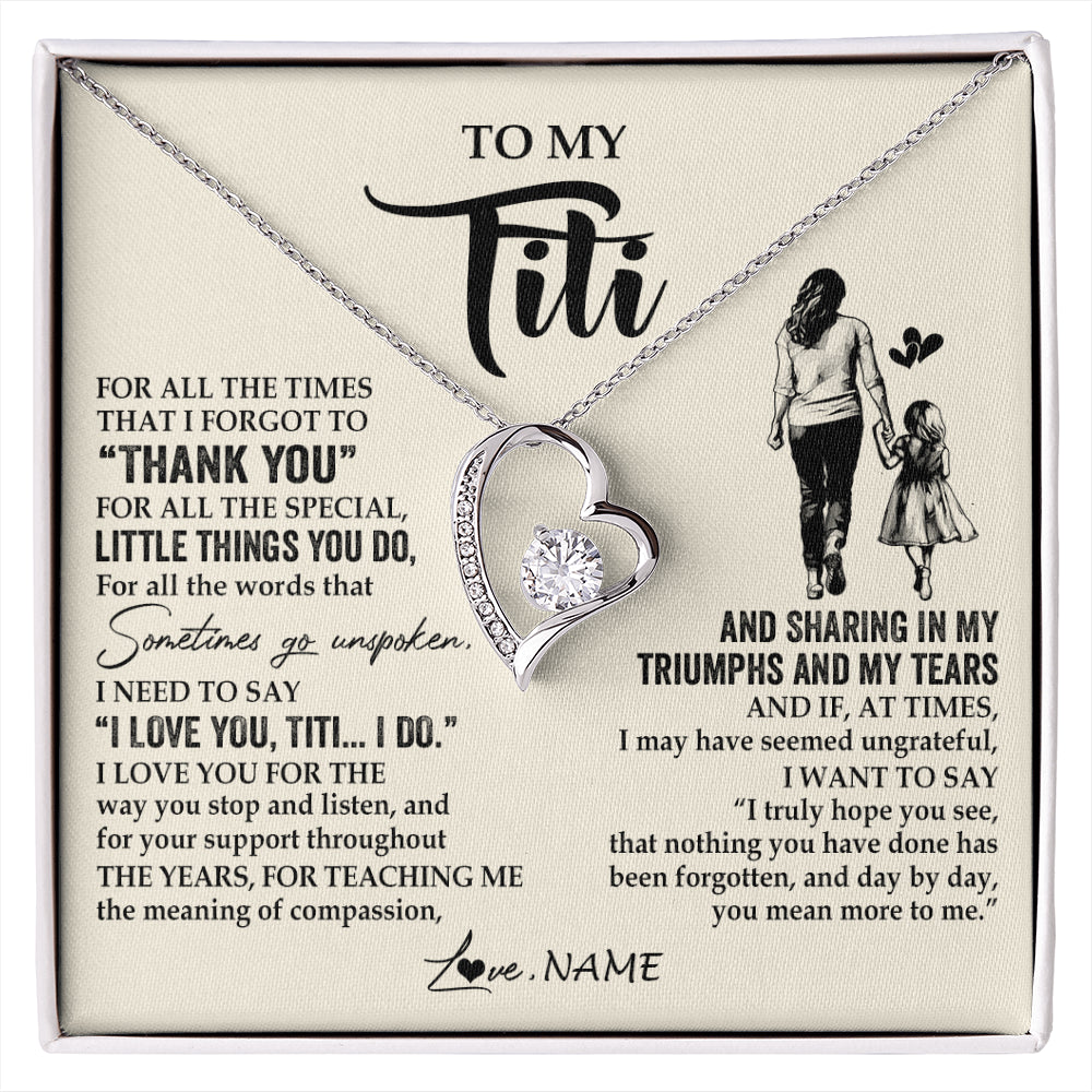 Forever Love Necklace 14K White Gold Finish | 1 | Personalized To My Titi Necklace From Niece For All The Times That I Forgot To Thank You Titi Birthday Mothers Day Christmas Customized Gift Box Message Card | siriusteestore