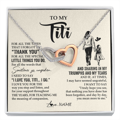 Interlocking Hearts Necklace Stainless Steel & Rose Gold Finish | 1 | Personalized To My Titi Necklace From Niece For All The Times That I Forgot To Thank You Titi Birthday Mothers Day Christmas Customized Gift Box Message Card | siriusteestore