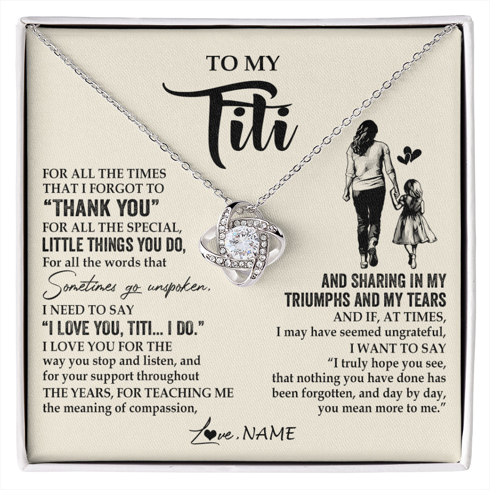 Love Knot Necklace 14K White Gold Finish | 1 | Personalized To My Titi Necklace From Niece For All The Times That I Forgot To Thank You Titi Birthday Mothers Day Christmas Customized Gift Box Message Card | siriusteestore