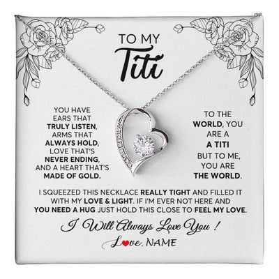 Forever Love Necklace 14K White Gold Finish | 1 | Personalized To My Titi Necklace From Niece Nephew Hold This Close Feel My Love Titi Birthday Mothers Day Christmas Jewelry Customized Gift Box Message Card | siriusteestore