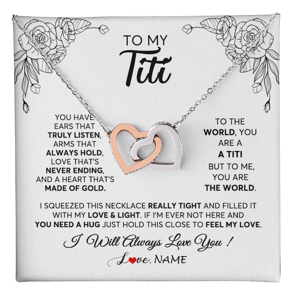Interlocking Hearts Necklace Stainless Steel & Rose Gold Finish | 1 | Personalized To My Titi Necklace From Niece Nephew Hold This Close Feel My Love Titi Birthday Mothers Day Christmas Jewelry Customized Gift Box Message Card | siriusteestore