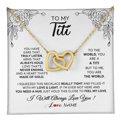 Interlocking Hearts Necklace 18K Yellow Gold Finish | 1 | Personalized To My Titi Necklace From Niece Nephew Hold This Close Feel My Love Titi Birthday Mothers Day Christmas Jewelry Customized Gift Box Message Card | siriusteestore