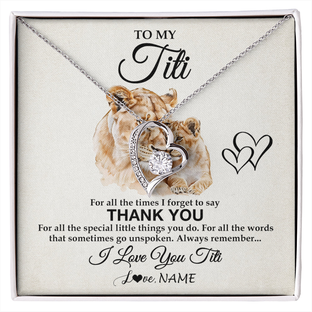Forever Love Necklace 14K White Gold Finish | 1 | Personalized To My Titi Necklace From Niece Nephew Thank You Lion Titi Gift For Mothers Day Birthday Gift Christmas For Titi Customized Gift Box Message Card | siriusteestore