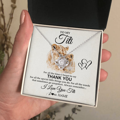 Love Knot Necklace 14K White Gold Finish | 2 | Personalized To My Titi Necklace From Niece Nephew Thank You Lion Titi Gift For Mothers Day Birthday Gift Christmas For Titi Customized Gift Box Message Card | siriusteestore