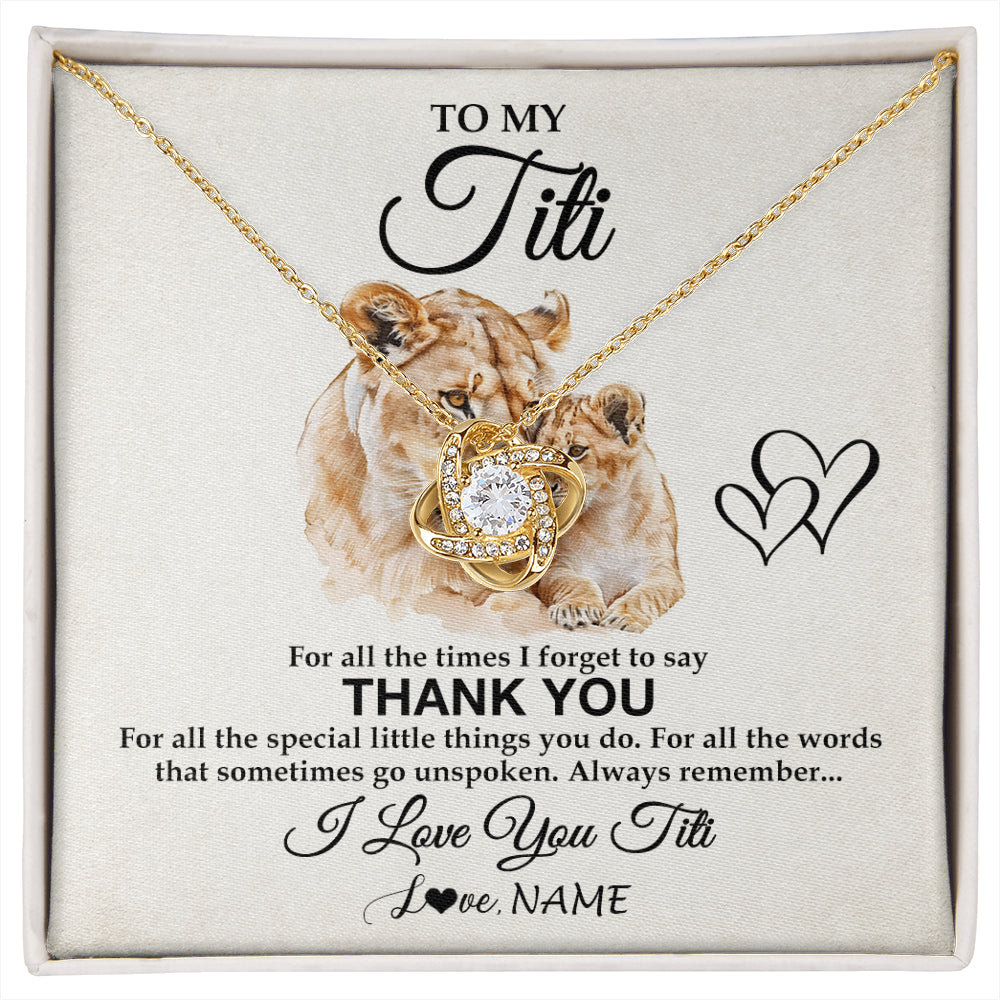 Love Knot Necklace 18K Yellow Gold Finish | 1 | Personalized To My Titi Necklace From Niece Nephew Thank You Lion Titi Gift For Mothers Day Birthday Gift Christmas For Titi Customized Gift Box Message Card | siriusteestore