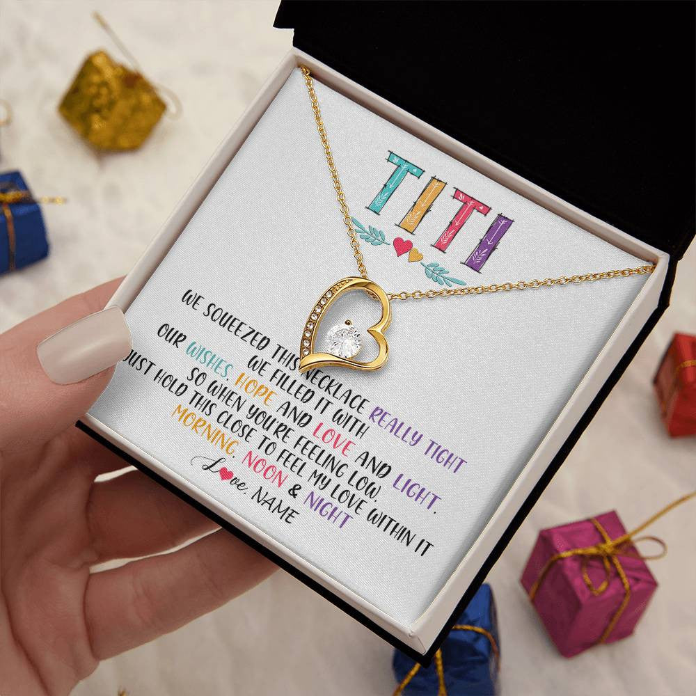 Forever Love Necklace 18K Yellow Gold Finish | 2 | Personalized To My Titi Necklace From Niece Nephew We Squeezed This Necklace Titi Birthday Mothers Day Christmas Jewelry Customized Gift Box Message Card | siriusteestore