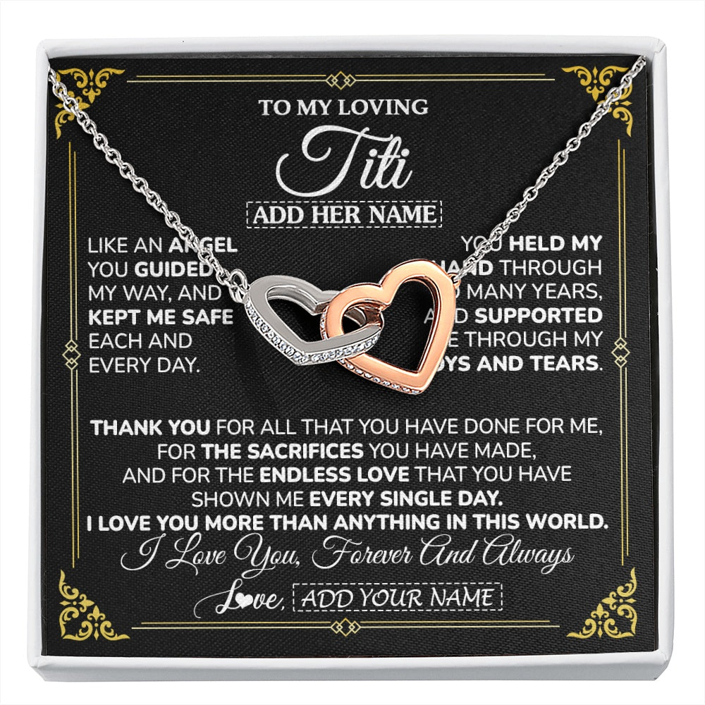Interlocking Hearts Necklace Stainless Steel & Rose Gold Finish | 1 | Personalized To My Titi Necklace Gifts Meaningful Gift To Aunt From Niece Without You There Is No Me Mothers Day Birthday Custom Gift Box Message Card | https://siriusteestore.