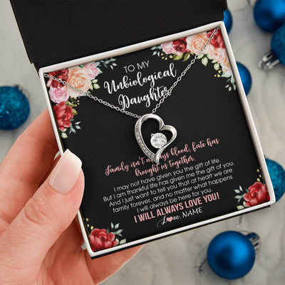 Forever Love Necklace 14K White Gold Finish | 2 | Personalized To My Unbiological Daughter Necklace Family Together Birthday Gifts For Bonus Daughter Stepdaughter Christmas Customized Gift Box Message Card | siriusteestore
