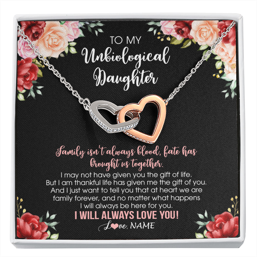 Interlocking Hearts Necklace Stainless Steel & Rose Gold Finish | 1 | Personalized To My Unbiological Daughter Necklace Family Together Birthday Gifts For Bonus Daughter Stepdaughter Christmas Customized Gift Box Message Card | siriusteestore