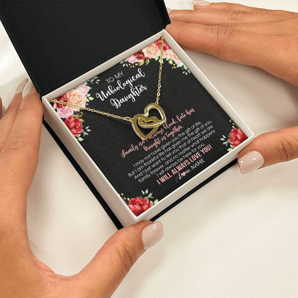 Interlocking Hearts Necklace 18K Yellow Gold Finish | 2 | Personalized To My Unbiological Daughter Necklace Family Together Birthday Gifts For Bonus Daughter Stepdaughter Christmas Customized Gift Box Message Card | siriusteestore