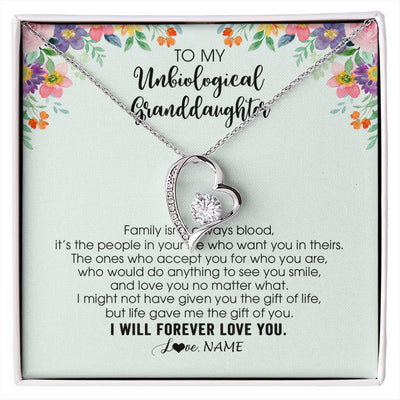 Forever Love Necklace 14K White Gold Finish | 1 | Personalized To My Unbiological Granddaughter Necklace Family Isn't Always Blood Bonus Granddaughter Birthday Gifts Christmas Customized Gift Box Message Card | siriusteestore