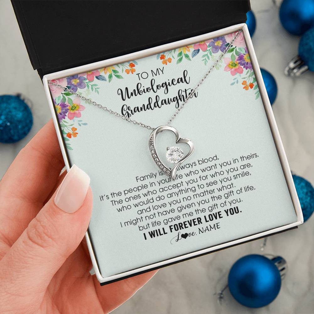 Forever Love Necklace 14K White Gold Finish | 2 | Personalized To My Unbiological Granddaughter Necklace Family Isn't Always Blood Bonus Granddaughter Birthday Gifts Christmas Customized Gift Box Message Card | siriusteestore